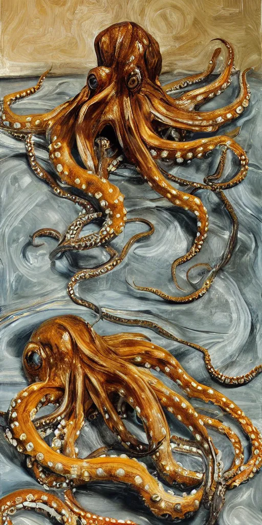 Image similar to high quality high detail painting of an octopus by lucian freud and jenny saville, hd, golden, turquoise