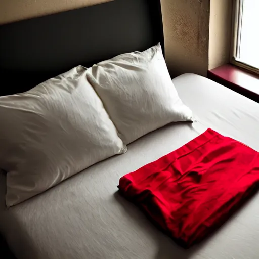 Image similar to photorealistic photo of a red t - shirt laying on a bed, displayed, magazine photo