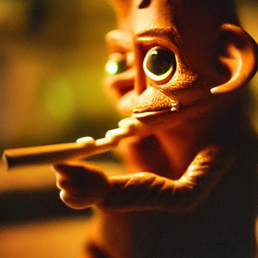 Image similar to a close up portrait of a goblin playing the flute, fireplace lighting, nighttime, kodak vision 5 0 0 t