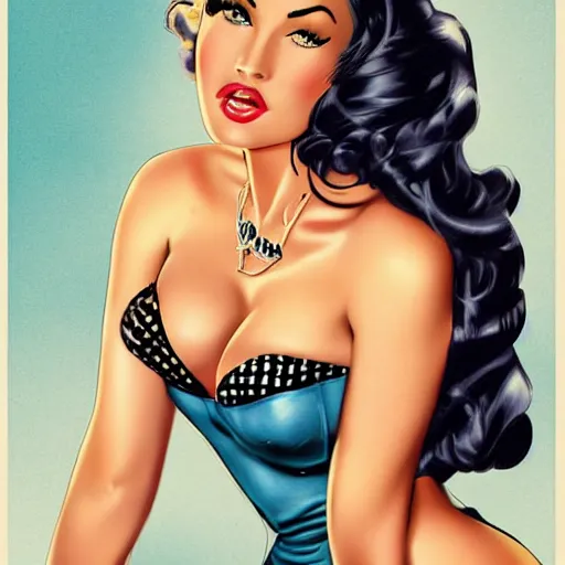 Prompt: a pinup illustration of megan fox in the style of gil elvgren and in the style of charlie bowater.
