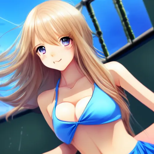 Prompt: a very beautiful young anime tennis girl, full body, long wavy blond hair, sky blue eyes, full round face, bikini, miniskirt, front view, mid - shot, highly detailed, cinematic wallpaper by stanley artgerm lau