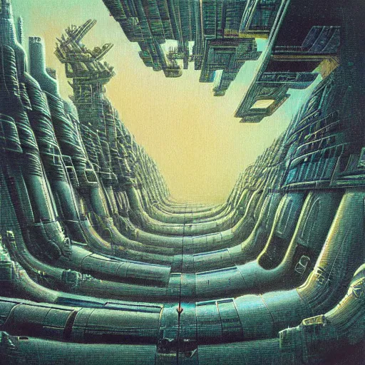 Image similar to megastructure in space, highly detailed 7 0 s scifi and beksinski style painting