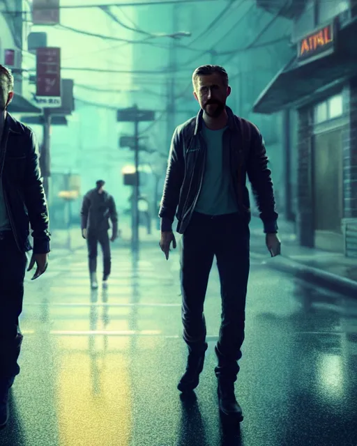 Prompt: ryan gosling and jake gyllenhaal posing dramatically together rendered in unreal engine 5, by wlop, greg rutkowski, and peter mohrbacher, octane render, ultra high detail, ultra realistic 3 d, extremely detailed shading, ray tracing, concept art, character design, trending on artstation, unreal engine 5, gritty atmosphere, glow, cinematic lighting, full of color