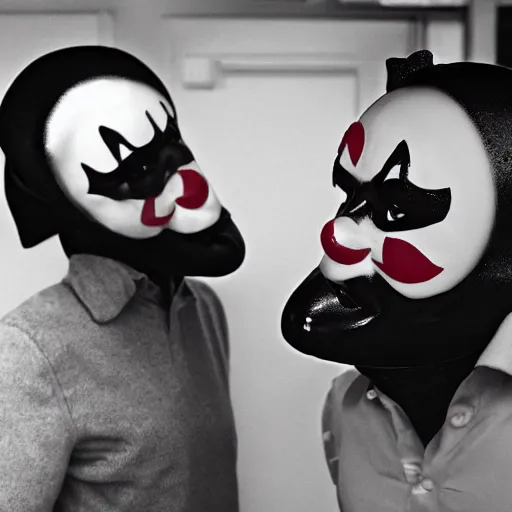 Image similar to cctv footage of robbers wearing latex clown masks, 4k, hd, photorealistic