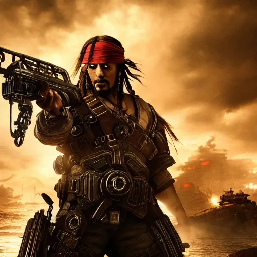 Image similar to ( ( captain jack sparrow ) ) in gears of war, splash art, movie still, cinematic lighting, dramatic, octane render, long lens, shallow depth of field, bokeh, anamorphic lens flare, 8 k, hyper detailed, 3 5 mm film grain