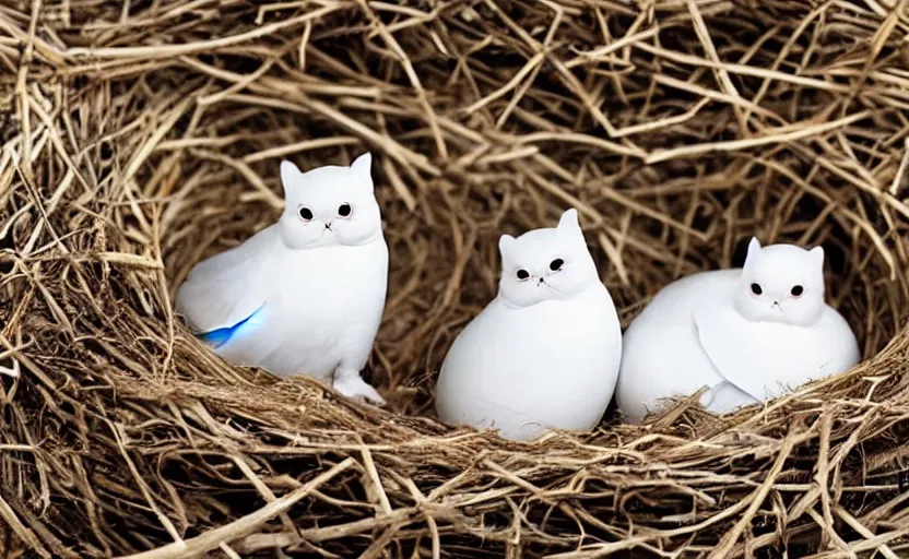 Prompt: A dove and an exotic shorthair cat guarding their eggs in a nest, eggs with faces, white doves, nest is made of sticks, national geographic, odd, depth of field, photorealistic