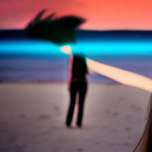 Image similar to a woman facing a blue wormhole on the street, which shows a beach at sunset