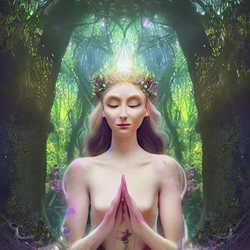 Image similar to elven princess meditating in forest, magical flowers, surrounded by fairies, beautiful face, wisps, surreal, surrealist art, photo, trending on artstation, ultra detailed, intricate, sacred geometry, serene, beautiful, photo, realistic, perfect, smooth, light shafts, light diffusion, chromatic aberration, moebius, by moebius, peter mohrbacher, eye contact, symmetry, magical princess, liquid, flowing, misty forest