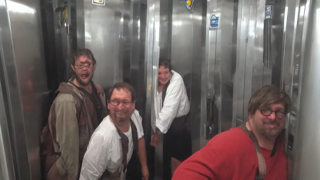 Prompt: Two ogres in an elevator. Two shot angle.