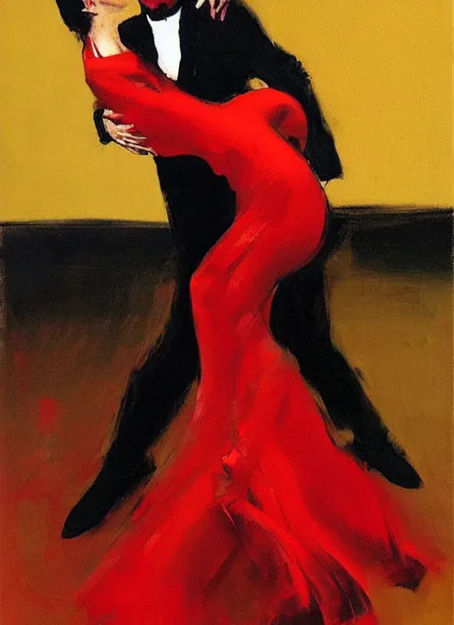 Prompt: tango dancers in red dress and black suit, painting by phil hale, fransico goya,'action lines '!!!, graphic style, visible brushstrokes, motion blur, blurry, visible paint texture, crisp hd image