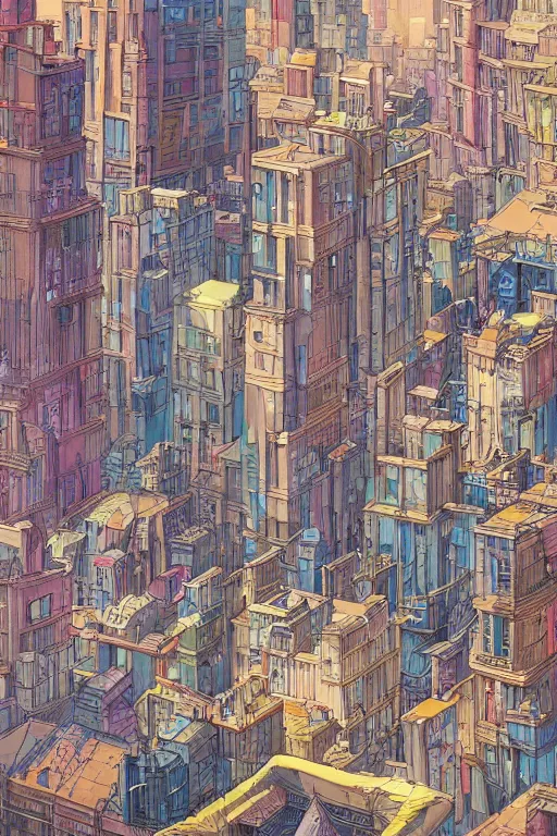 Prompt: a busy city with buildings covered in graffiti in the style of moebius, james jean, painterly, yoshitaka amano, hiroshi yoshida, loish, painterly, and artgerm, illustration