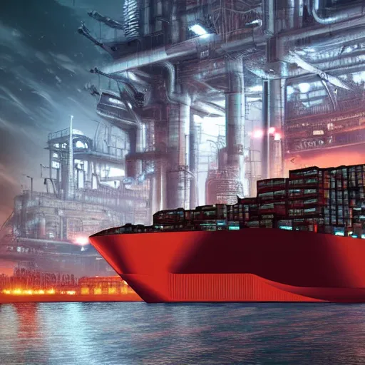 Image similar to photo of Immense industrial futuristic cargo ship arrives at cyber punk city sea port, cinematic lighting, photo