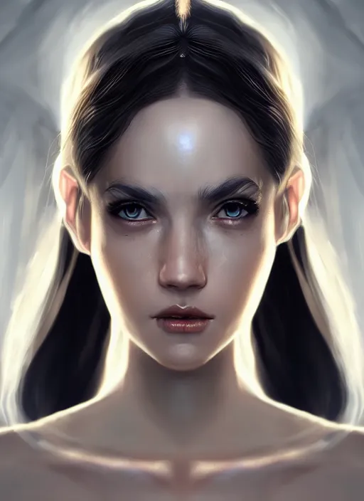 Image similar to beautiful fashion goddness, strapless dress, character portrait in the style of thomas river and artgerm, wlop, cinematic lighting, hyperdetailed, 8 k realistic, symmetrical, global illumination, radiant light, halo, love and mercy, frostbite 3 engine, cryengine, dof, trending on artstation, digital art, chanel