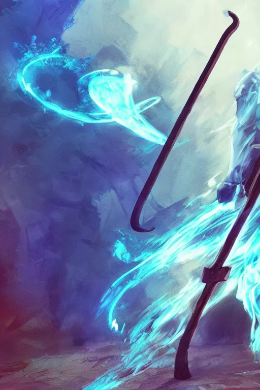 Prompt: a mysterious man holding a fire scythe in blue flames, WLOP, Ross Draws, mixed media, digital art, trending on artstation, 8k, epic composition, highly detailed, AAA graphics