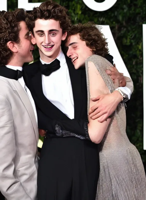 Prompt: photo of Timothee Chalamet hugging boyfriend Armie Hammer