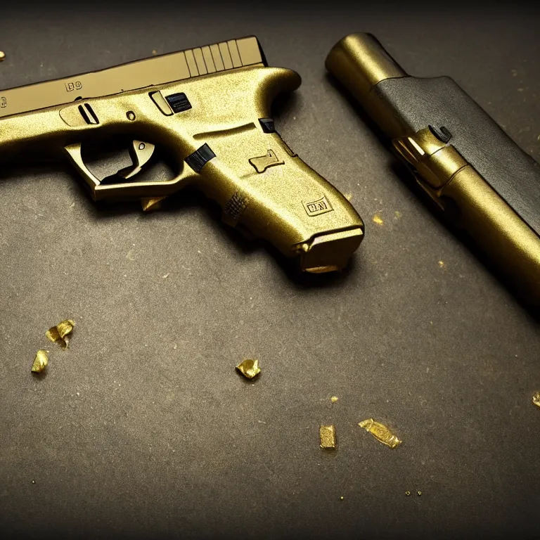 Image similar to a glock 19 made out of gold, photorealistic, 4k, vintage