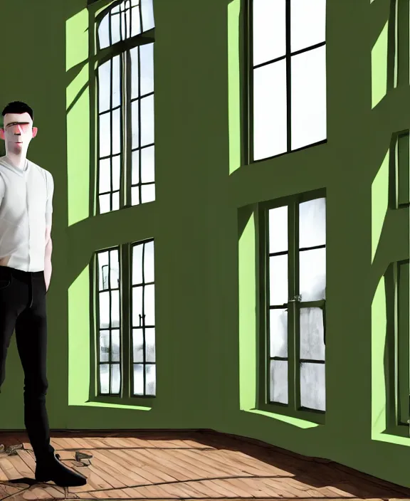 Image similar to androgynous male with black short hair and pale skin is standing in front of a mirror surrounded by victorian interior in a room with tall windows and moos green flooring. by leonardo da vinci, volumetric lighting, petspective room layout