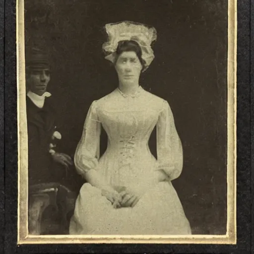 Prompt: photograph of a ghost in a 1 8 0 0 s family portrait, historical photograph