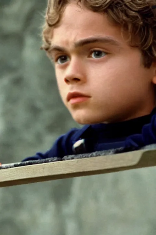 Image similar to close up still shot of young anakin skywalker standing on the diving board, 3 5 mm, highly detailed, attack of the clones, dynamic lighting