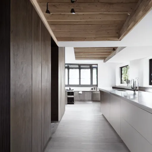 Image similar to luxury bespoke kitchen design, modern rustic, Japanese and Scandinavian influences, understated aesthetic, innovative materials and texture, by Roundhouse Design and Charles Yorke and Davonport