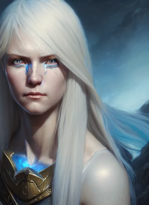 Image similar to a fantasy style portrait painting of shy white female paladin with blonde hair and blue eyes shy scarred left eye, holy oil painting unreal 5 daz. rpg portrait extremely detailed artgerm greg rutkowski _ greg