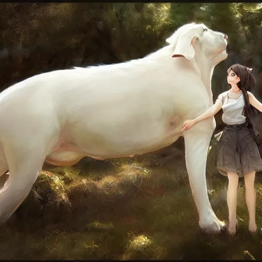 Image similar to a person hugging a large white animal, a detailed painting by krenz cushart, pixiv contest winner, fantasy art, official art, detailed painting, pixiv. highly detailed. 4 k masterpiece. unreal engine. photorealistic. realism. cinematic. photorealism. wideshot. coherent.