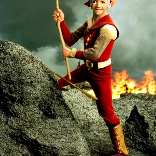 Image similar to a fantasy elf with spiky blonde hair wearing tan overalls and holding a stick of dynamite, high resolution film still, movie by Peter jackson