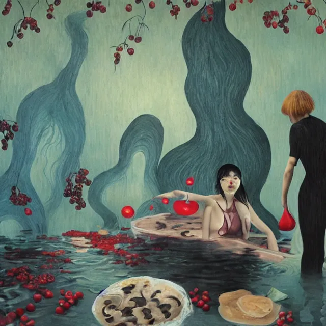 Image similar to tall female emo artist holding berry pancakes in her flooded apartment, pomegranates, octopus, water gushing from ceiling, painting of flood waters inside an artist's apartment, a river flooding indoors, mushrooms, ikebana, zen, rapids, waterfall, black swans, canoe, berries, acrylic on canvas, surrealist, by magritte and monet