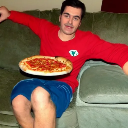 Image similar to Super Mario sitting on the couch eating pizza