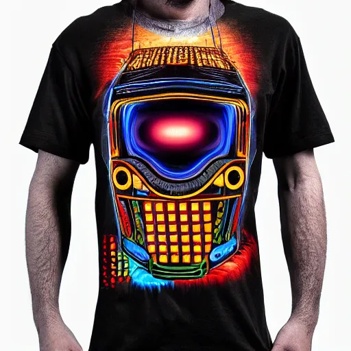 Image similar to black tshirt with a hyperdetailed portrait of a trippy diesel punk robot, 8 k, symetrical, flourescent colors, multicolored,