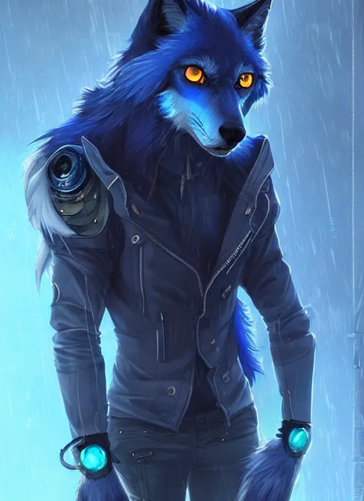 Image similar to award winning beautiful portrait commission of a male furry anthro Blue wolf fursona with a tail and a cute beautiful attractive detailed furry face wearing stylish black cyberpunk clothes in a cyberpunk city at night while it rains. Character design by charlie bowater, ross tran, artgerm, and makoto shinkai, detailed, inked, western comic book art