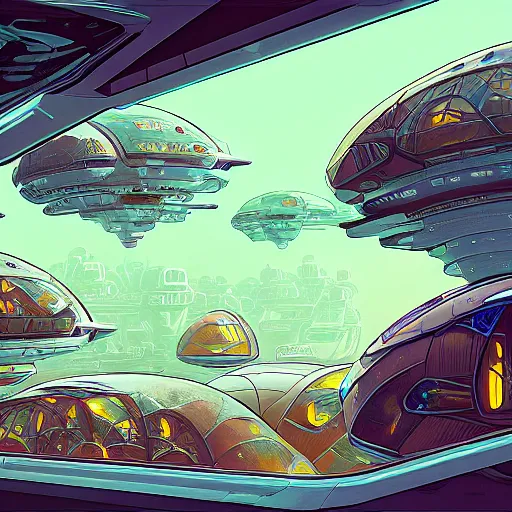 Prompt: spaceship fleet, organic shapes, bulbous shperical windows, intricate, elegant, highly detailed, digital painting, artstation, concept art, matte, sharp focus, illustration by Feng Zhu and Loish and Laurie Greasley, Victo Ngai, Andreas Rocha, John Harris