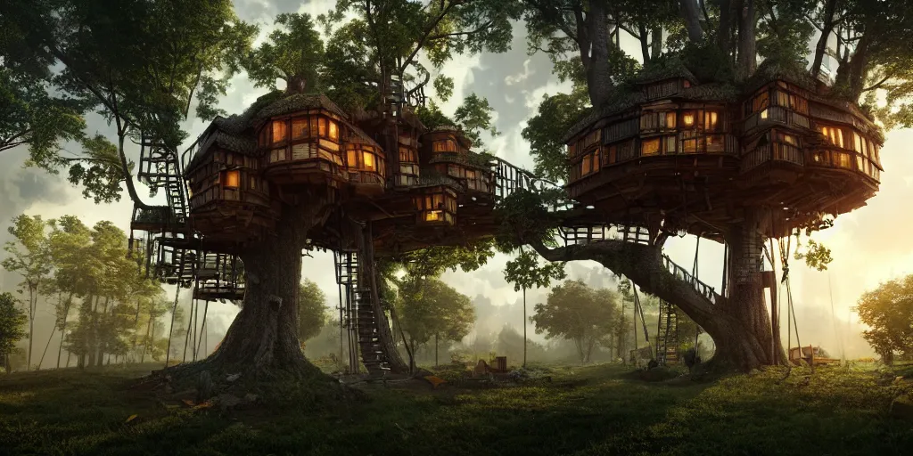 Image similar to a treehouse city, highly detailed, 8 k, hdr, award - winning, octane render, artstation, volumetric lighting