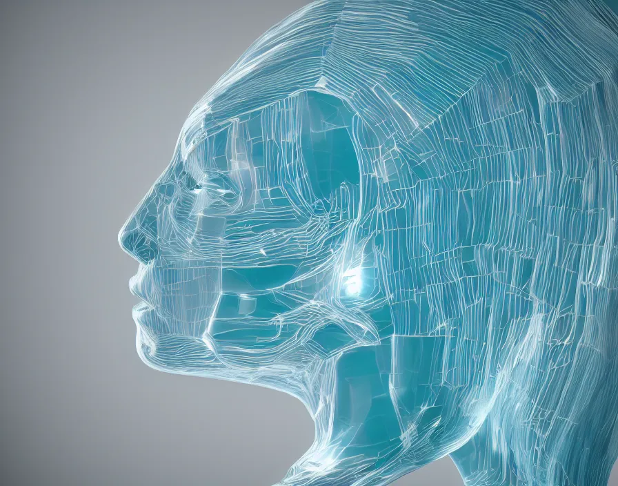 Prompt: cross section of mannequin head, around humanity in the form of a voxel structure, flow shapes, white color minimal theatrical decoration. octane rendering, cinematic, octane rendering, 8k, depth of field, bokeh. iridescent accents. vibrant. teal white and blue color scheme