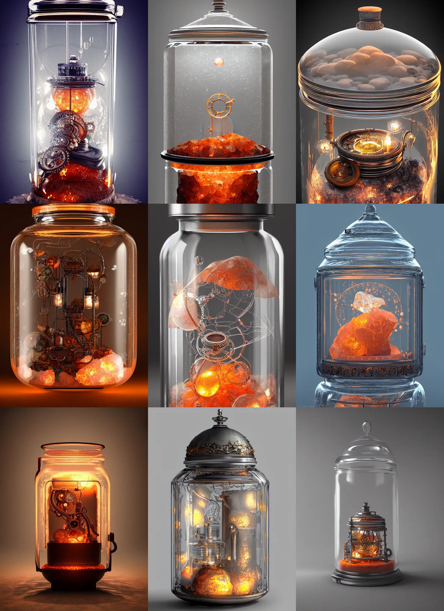 Prompt: steampunk himalayan rocksalt lamp inside a glass jar, intricate detail, hyper detailed, ultra realistic, sharp focus, octane render, lantern, volumetric, ray tracing, artstation trending, moon, fairy cgsociety, sense of awe, swirling mist, moon, 4 k