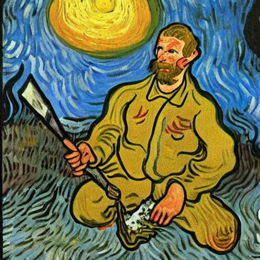 Prompt: painting of a man in hell making smores, by van gogh.