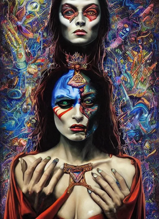 Image similar to powerful tripping cult magic psychic woman, subjective consciousness psychedelic, epic surrealism expressionism symbolism story iconic, dark robed witch, oil painting, robe, symmetrical face, greek dark myth, by Sandra Chevrier, Gerald Brom masterpiece