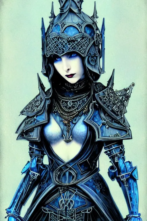 Image similar to beautiful gothic and victorian and evil and dieselpunk medieval female blue armor knight portrait, like lisa blackpink+smoky eyes+light flowing hair, ruin gothic cathedral, ultradetail face, art and illustration by tian zi and craig mullins and WLOP and alphonse mucha, fantasy, intricate complexity, human structure, fantasy world concept, watermark, blurry, hyperrealism 8k