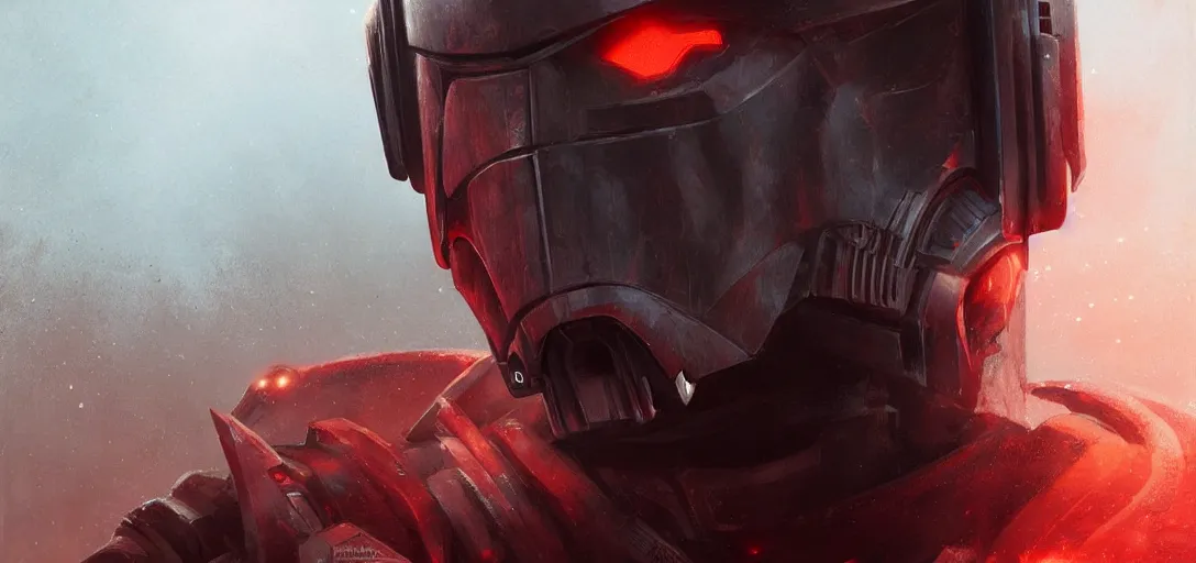 Image similar to bounty hunter android star wars realistic portrait of anime character, detailed eyes, manly face, crimson red aura, digital fantasy, art by greg rutkowski, aesthetic in 8k