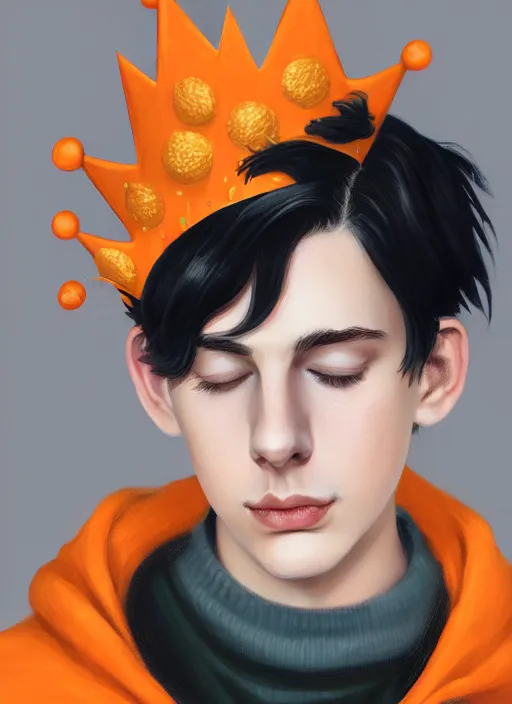 Image similar to portrait of teenage jughead jones wearing a light grey crown, crown, hamburger background, eyes closed, crown, black hair, orange, intricate, elegant, glowing lights, warm lighting, highly detailed, digital painting, artstation, concept art, smooth, sharp focus, illustration, art by wlop, mars ravelo and greg rutkowski