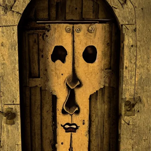 Prompt: Caricature, ajar dilapidated door with a human face dangles on hinges, medieval style, dramatic lighting