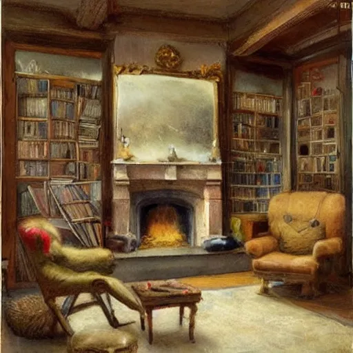 Image similar to (((((((knome house living room with blazing fireplace with books))))))) . muted colors. by Jean-Baptiste Monge !!!!!!!!!!!!!!!!!!!!!!!!!!!!!!!!!!!!!!!! ((((((((((((((((((watercolor sketch))))))))))))))))))