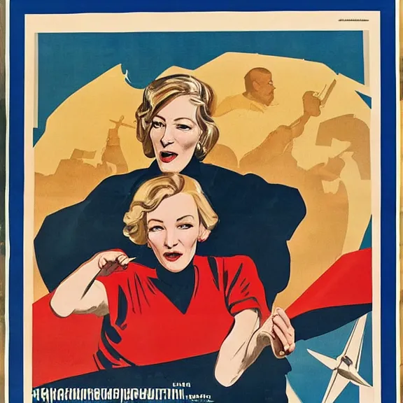 Image similar to soviet propaganda poster with cate blanchett calling on the world community to fight against Nazism, Ultra Detailed, soviet realism