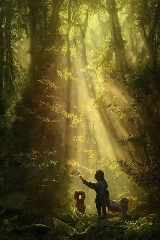 Image similar to mean fluffy teddybear protecting girl in a forest with rays of light coming through the canopy, masterpiece, dystopian, sci-fi, extremely detailed, digital painting, sculpted in zbrush, artstation, concept art, smooth, sharp focus, illustration, chiaroscuro lighting, golden ratio, incredible art, artgerm, greg rutkowski, alphonse mucha, simon stalenhag, carravaggio