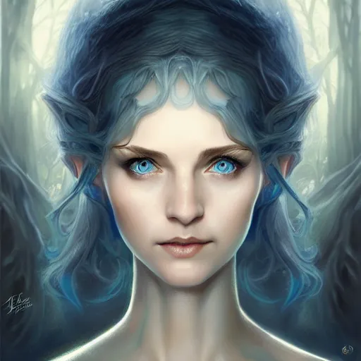 Image similar to Portrait of elvish female wizard, D&D, blue eyes, face, short silver hair, fantasy, intricate, elegant, highly detailed, digital painting, artstation, concept art, smooth, sharp focus, illustration, deep forest on background, art by artgerm and greg rutkowski and alphonse mucha