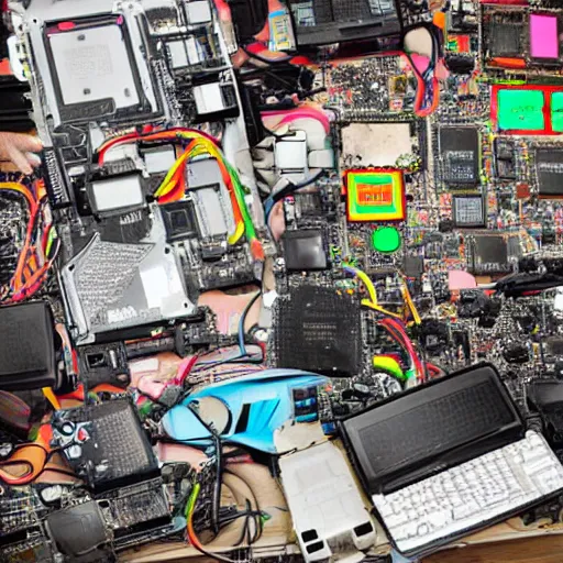 Prompt: a pile of neon lit motherboards and computer parts covering Grimes sitting in a large vintage room