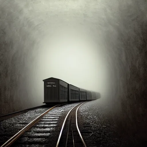 Prompt: an old train in tunnel by Aron Wiesenfeld and beksincki, cinematic, detailed illustration, nature, fog, dark colors, suspense, intricate, 8k