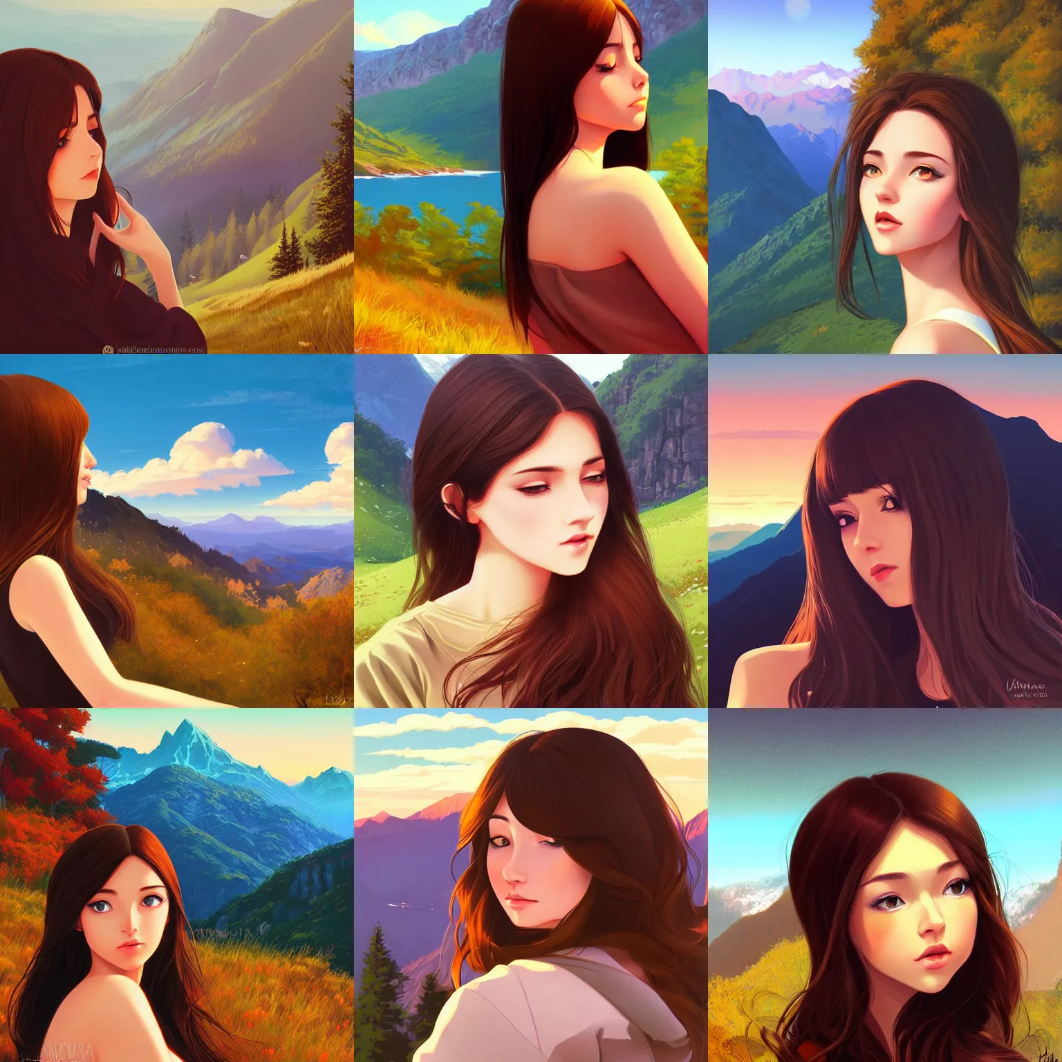 Prompt: beautiful woman with long brown hair and luscious lips, scenic view, mountain landscape, artstyle : ilya kuvshinov