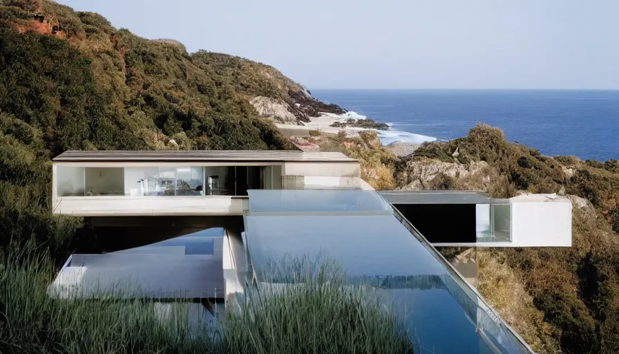 Image similar to modern house perched on a cliff overlooking a magnificient bay, drawing architecture, pritzker architecture prize, greig fraser