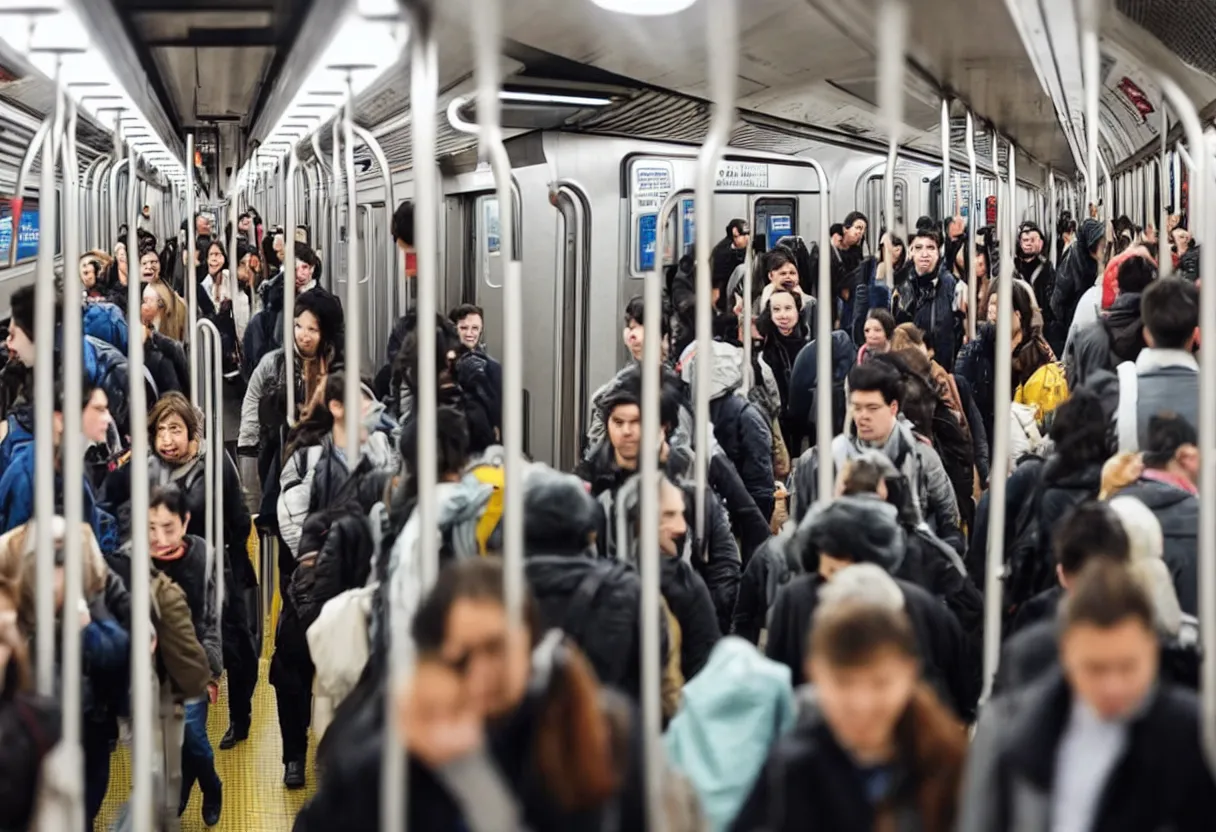 Prompt: a photo of people going to work on the subway,